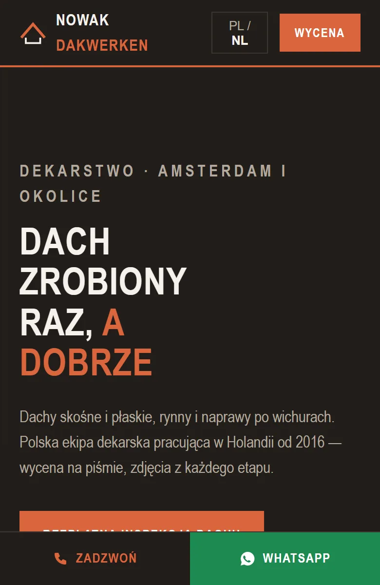 Zrzut ekranu na telefonie — Nowak Dakwerken, dekarstwo