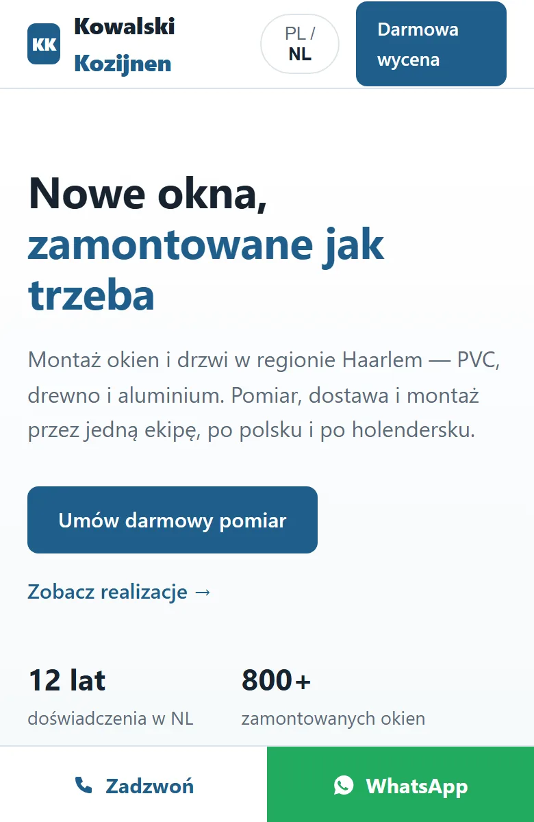 Zrzut ekranu na telefonie — Kowalski Kozijnen, montaż okien