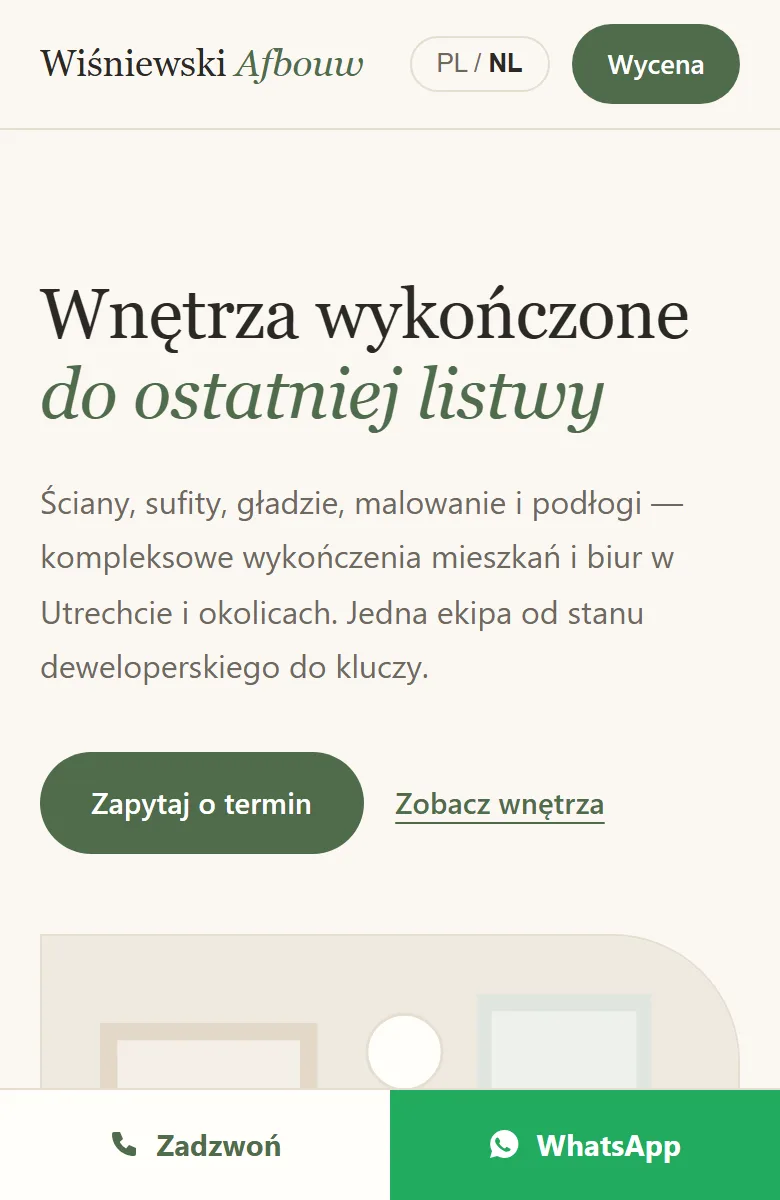 Zrzut ekranu na telefonie — Wiśniewski Afbouw, wykończenia wnętrz